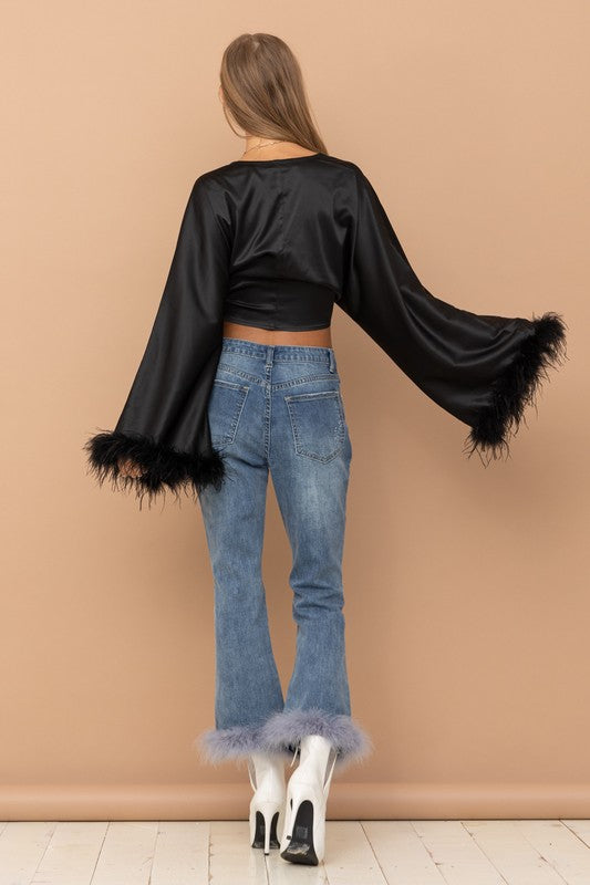 STYLED BY ALX COUTURE MIAMI BOUTIQUE Black Satin Crop Cardigan Fur Cuff