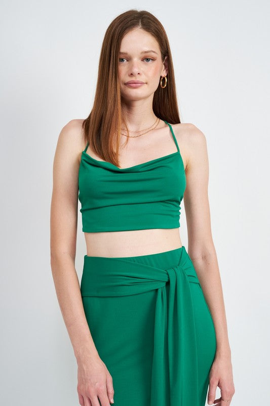 STYLED BY ALX COUTURE MIAMI BOUTIQUE Green Crossback Cowl Neck Crop Top