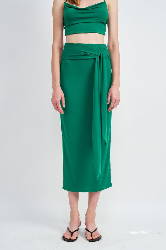 STYLED BY ALX COUTURE MIAMI BOUTIQUE Green High Waist With Tie Midi Skirt