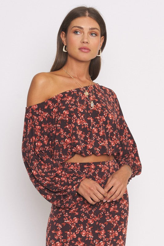 STYLED BY ALX COUTURE MIAMI BOUTIQUE Black Rust Off Shoulder Floral Print Top