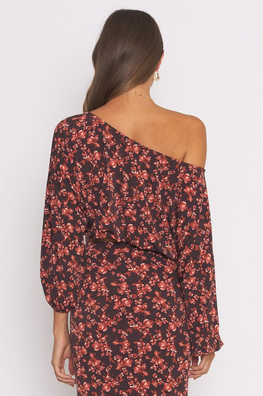 STYLED BY ALX COUTURE MIAMI BOUTIQUE Black Rust Off Shoulder Floral Print Top