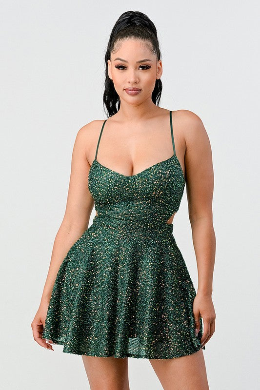 STYLED BY ALX COUTURE MIAMI BOUTIQUE Hunter Green Sequins Cutout Mini Dress