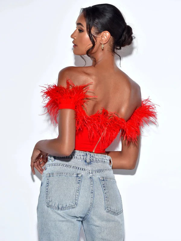 STYLED BY ALX COUTURE MIAMI BOUTIQUE Oralia Red Feather Trim Corset Top
