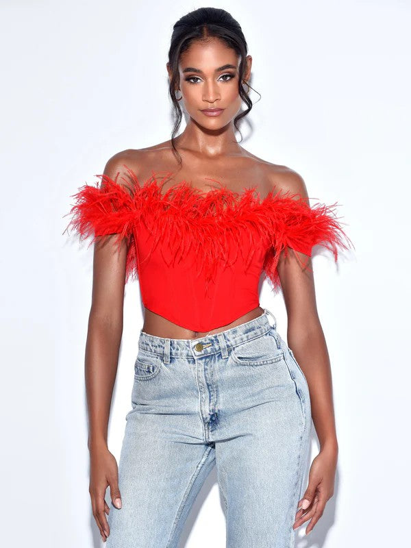 STYLED BY ALX COUTURE MIAMI BOUTIQUE Oralia Red Feather Trim Corset Top