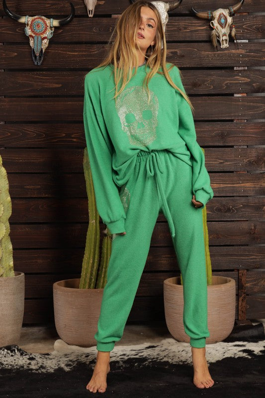 STYLED BY ALX COUTURE MIAMI BOUTIQUE Green Stud Skull Hacci Brush Sweatshirt