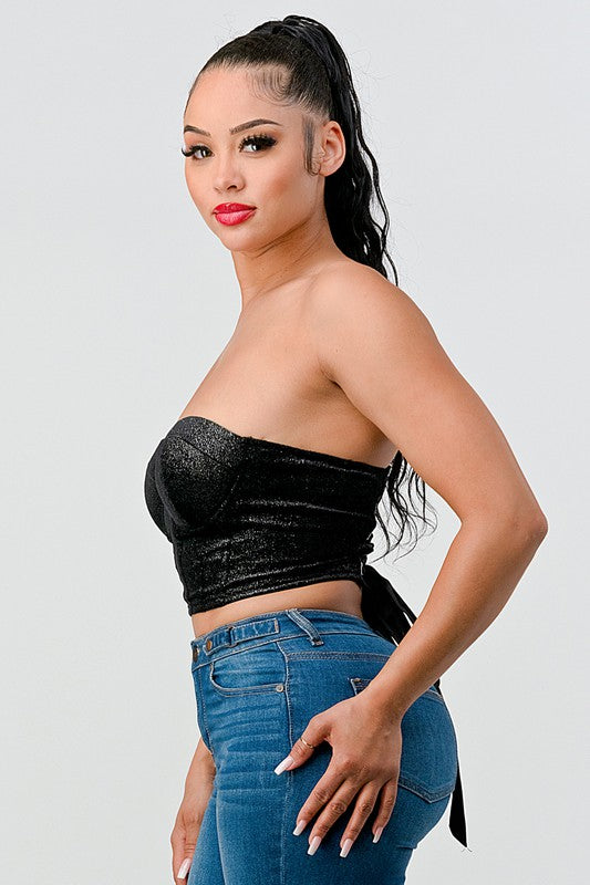 STYLED BY ALX COUTURE MIAMI BOUTIQUE Black Glitter Velvet Bustier Tube Top