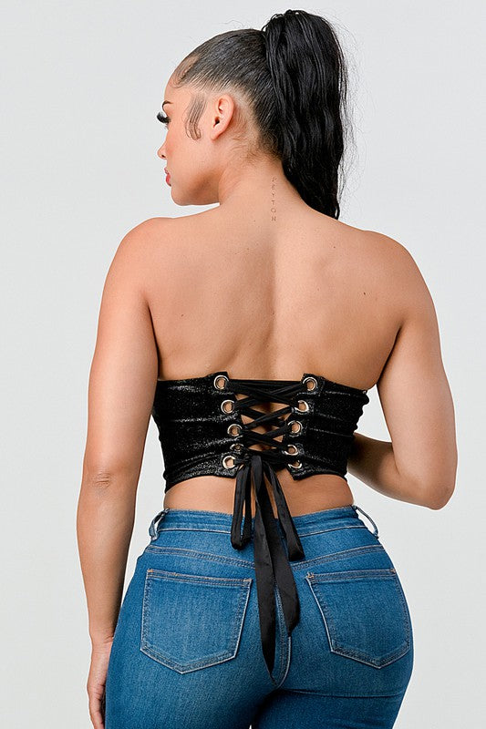 STYLED BY ALX COUTURE MIAMI BOUTIQUE Black Glitter Velvet Bustier Tube Top