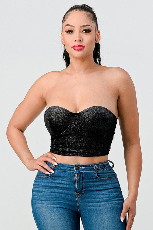 STYLED BY ALX COUTURE MIAMI BOUTIQUE Black Glitter Velvet Bustier Tube Top *PRE*