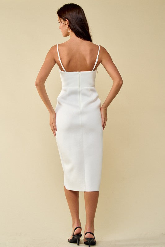 STYLED BY ALX COUTURE MIAMI BOUTIQUE White Sleeveless Cutout Front Scuba Midi Dress *PRE*