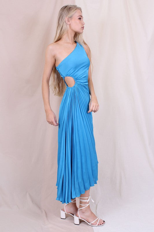 STYLED BY ALX COUTURE MIAMI BOUTIQUE Blue Asymmetric One Shoulder Cutout Pleated Dress