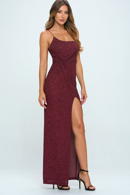 Red Brown Glitter One Shoulder Maxi Dress
