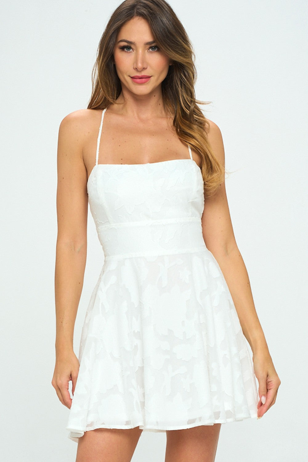 STYLED BY ALX COUTURE MIAMI BOUTIQUE White Floral Burnout Lace Up Mini Dress