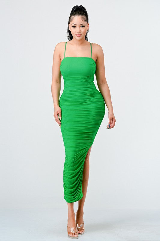 STYLED BY ALX COUTURE MIAMI BOUTIQUE Kelly Green Ruched Mesh Layer Midi Dress