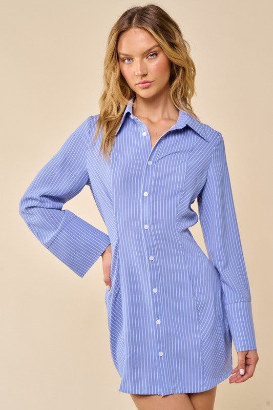 STYLED BY ALX COUTURE MIAMI BOUTIQUE Denim Button Up Mini Striped Shirt Dress