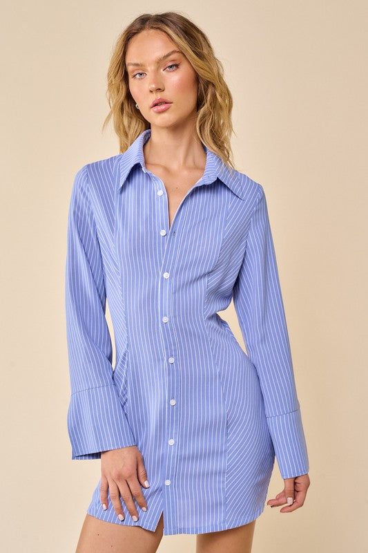 STYLED BY ALX COUTURE MIAMI BOUTIQUEDenim Button Up Mini Striped Shirt Dress 