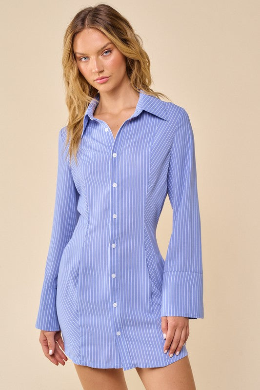 STYLED BY ALX COUTURE MIAMI BOUTIQUE Denim Button Up Mini Striped Shirt Dress