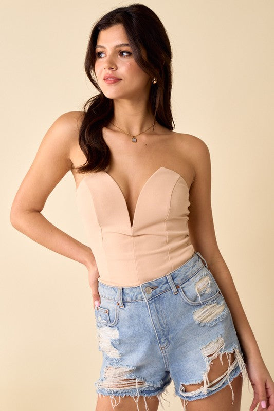 STYLED BY ALX COUTURE MIAMI BOUTIQUE Oatmeal Deep V-Neck Strapless Bodysuit