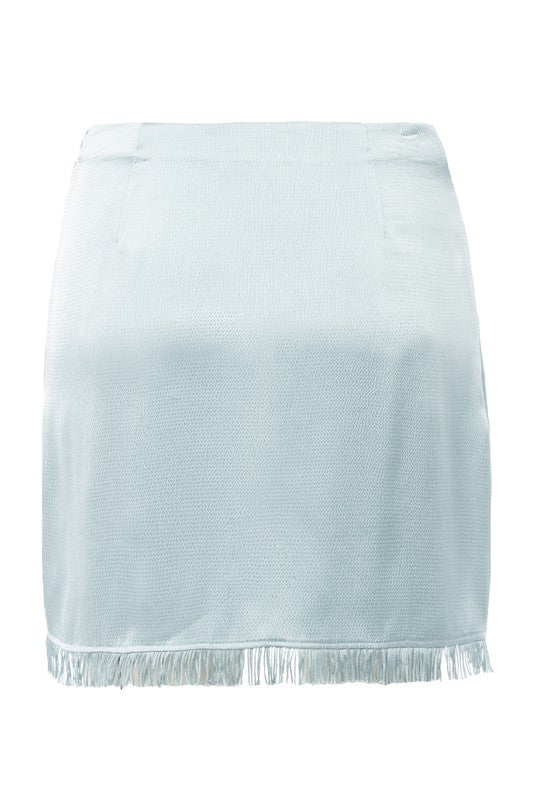 STYLED BY ALX COUTURE MIAMI BOUTIQUE Misty Blue Hammered Satin Fringe Skirt