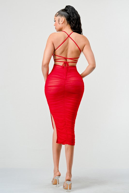 STYLED BY ALX COUTURE MIAMI BOUTIQUE Red Lux Mesh Drawstring Ruched Maxi Dress
