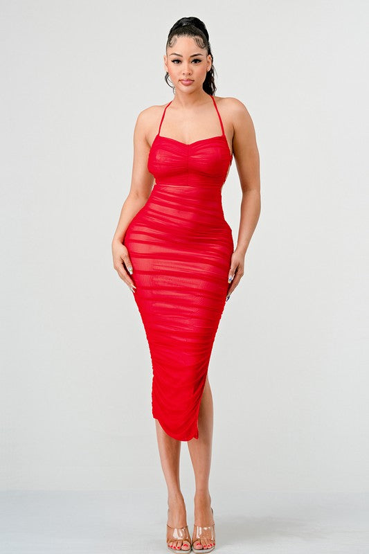 STYLED BY ALX COUTURE MIAMI BOUTIQUE Red Lux Mesh Drawstring Ruched Maxi Dress *PRE*