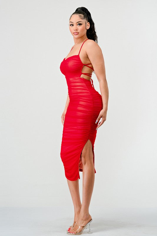 STYLED BY ALX COUTURE MIAMI BOUTIQUE Red Lux Mesh Drawstring Ruched Maxi Dress