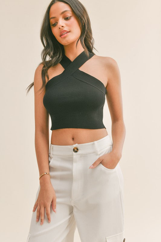 STYLED BY ALX COUTURE MIAMI BOUTIQUE Black Criss Cross Halter Neck Top