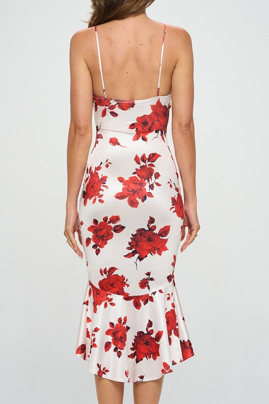 STYLED BY ALX COUTURE MIAMI BOUTIQUE Ivory Red Floral Satin Ruffle Hem Midi Dress