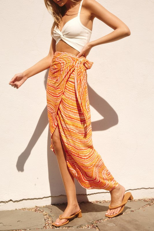 STYLED BY ALX COUTURE MIAMI BOUTIQUE Orange Wave Tie Dye Print Vacation Sarong Maxi Skirt *PRE*