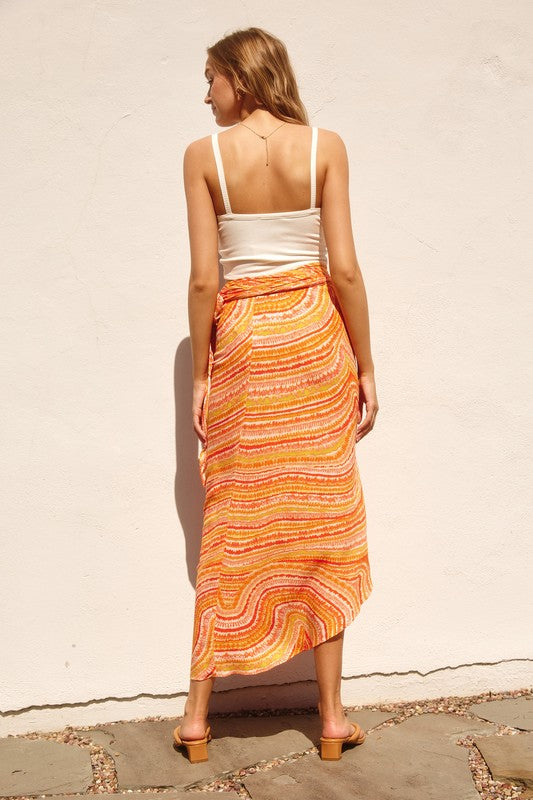 STYLED BY ALX COUTURE MIAMI BOUTIQUE Orange Wave Tie Dye Print Vacation Sarong Maxi Skirt *PRE*