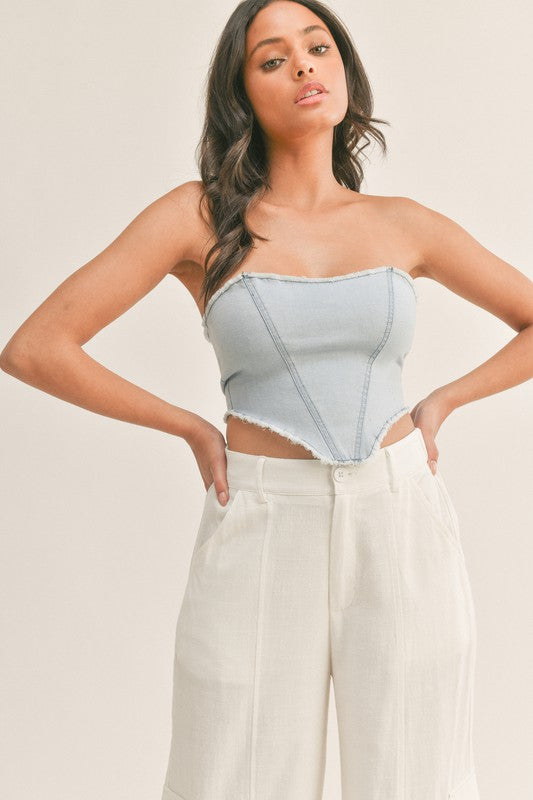 STYLED BY ALX COUTURE MIAMI BOUTIQUE Light Denim Strapless Crop Top 