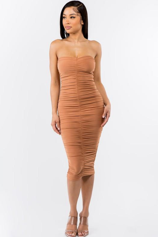 STYLED BY ALX COUTURE MIAMI BOUTIQUE DRESS CLAY Clay Ruched Tube Midi Dress