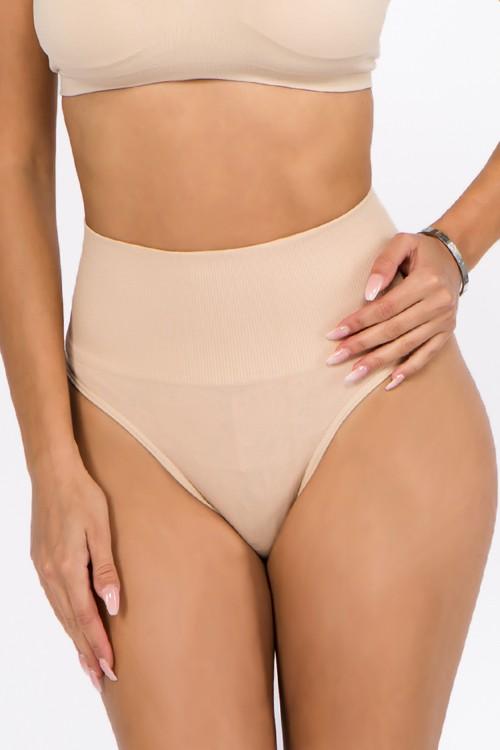 High waist thong, gives tummy control, support. 90% Nylon, 10% Spandex