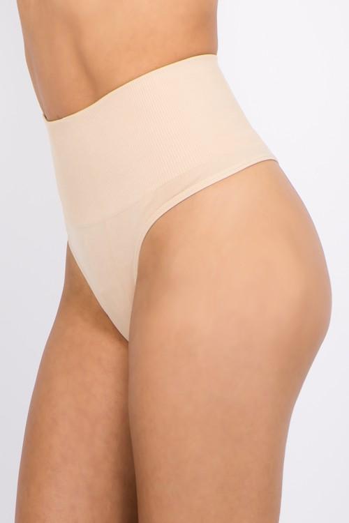 High waist thong, gives tummy control, support. 90% Nylon, 10% Spandex