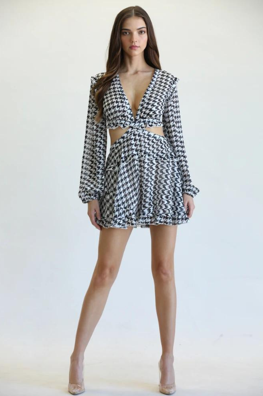 STYLED BY ALX COUTURE MIAMI BOUTIQUE WOMENS ROMPER Houndstooth Long Sleeve Romper