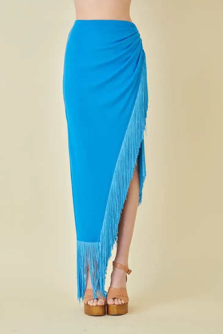 STYLED BY ALX COUTURE MIAMI BOUTIQUE Blue Fringe Wrap Maxi Skirt
