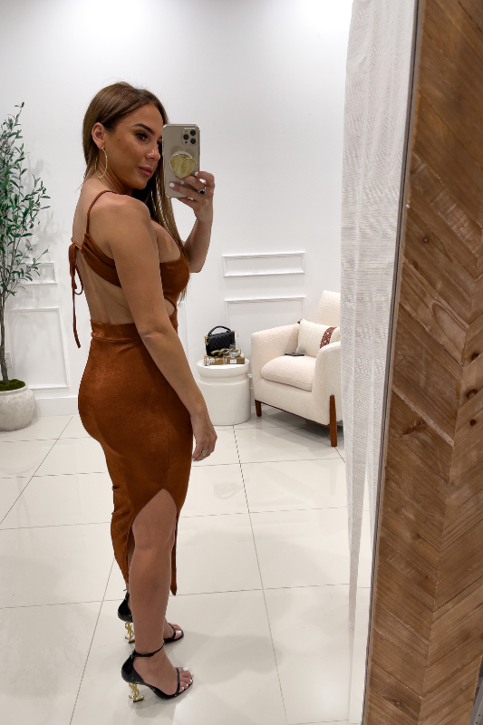 STYLED BY ALX COUTURE MIAMI BOUTIQUE WOMENS DRESS BROWN Brown High Neck Midi Dress