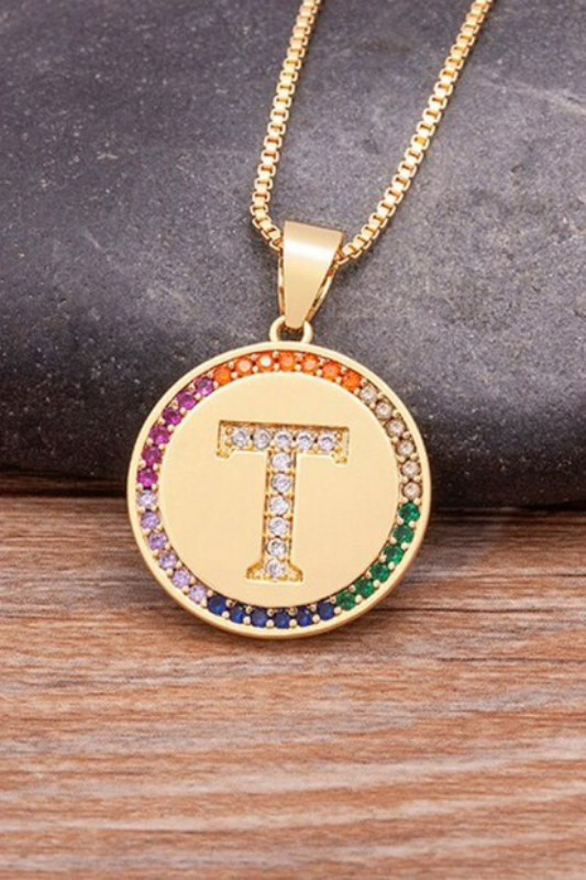 14K Gold Plated Rainbow Round Initial Pendant Necklace
