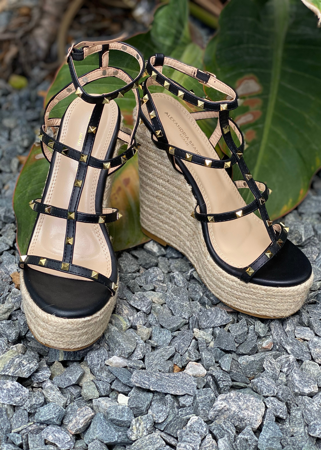 Women's black gold studded wedge heel with espadrille heel wedge. Black strappy wedge with gold studs