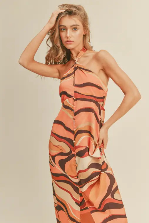 STYLED BY ALX COUTURE MIAMI BOUTIQUE Orange Print Halter Maxi Dress