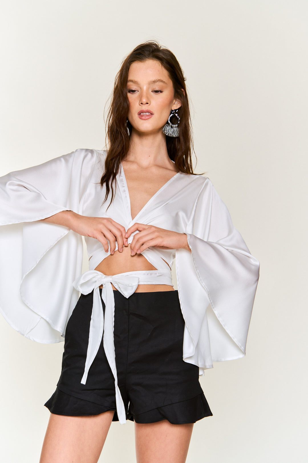 STYLED BY ALX COUTURE MIAMI BOUTIQUE Ivory Satin Kimono Sleeve Wrap Top 