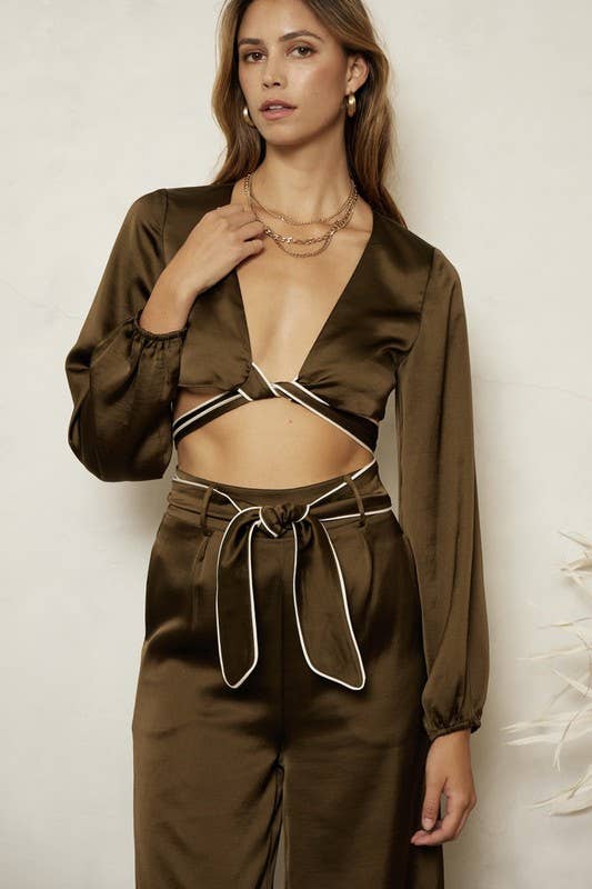 STYLED BY ALX COUTURE MIAMI BOUTIQUE Olive Ivory Satin Twist Tie Crop