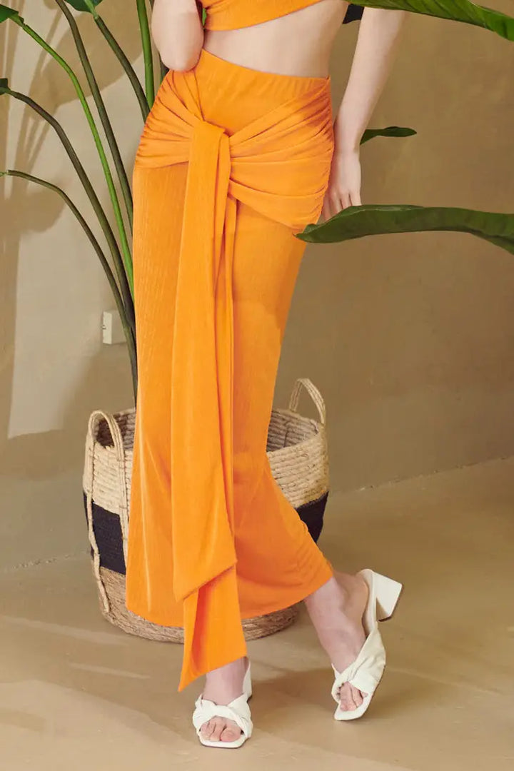 STYLED BY ALX COUTURE MIAMI BOUTIQUE Orange Slinky Rib Knit Wrap Maxi Skirt