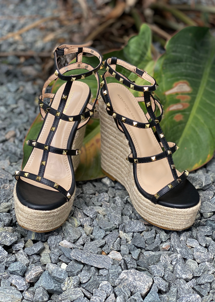 Women's black gold studded wedge heel with espadrille heel wedge. Black strappy wedge with gold studs