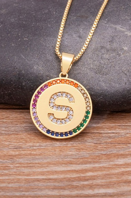 14K Gold Plated Rainbow Round Initial Pendant Necklace