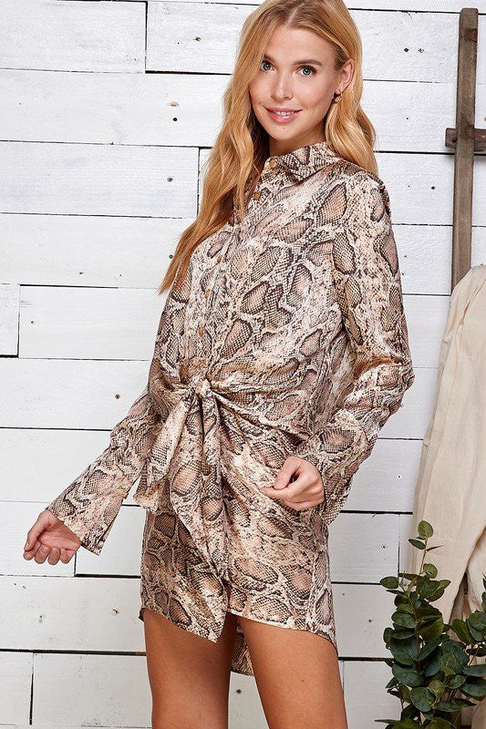 STYLED BY ALX COUTURE MIAMI BOUTIQUE Beige Snake Skin Tie Front Shirt Dress