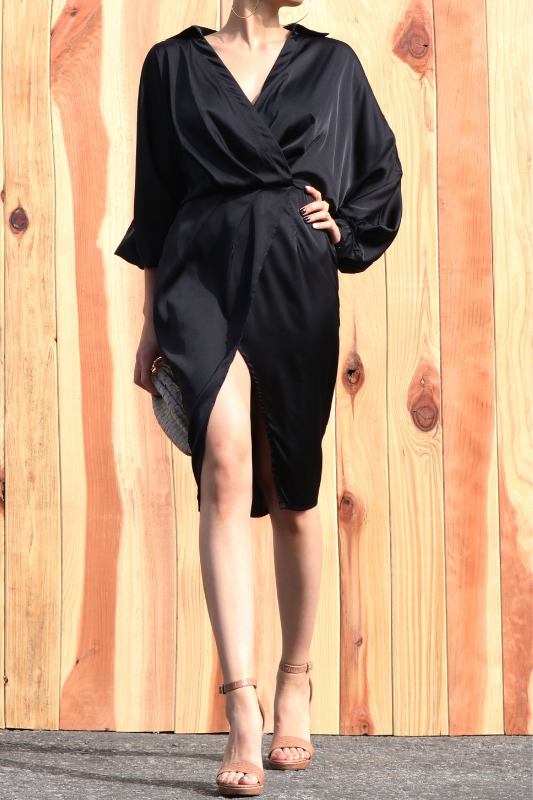 STYLED BY ALX COUTURE MIAMI BOUTIQUE WOMENS DRESS BLACK  Black Satin Loose Fit Shirt Dress