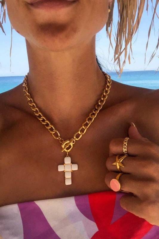 STYLED BY ALX COUTURE MIAMI BOUTIQUE White Cross Necklace with Gold Chain