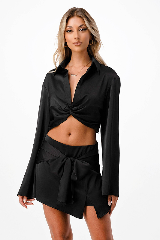 STYLED BY ALX COUTURE MIAMI BOUTIQUE WOMENS SHIRT BLACK Black Satin Twisted Front Cropped Shirt