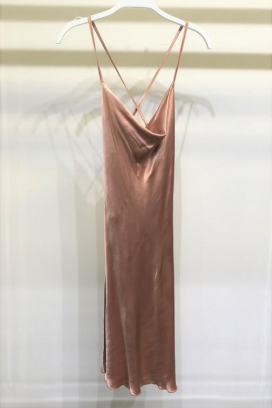 STYLED BY ALX COUTURE MIAMI BOUTIQUE WOMENS DRESS ROSE GOLDRose Gold Satin Cowl Neck Dress