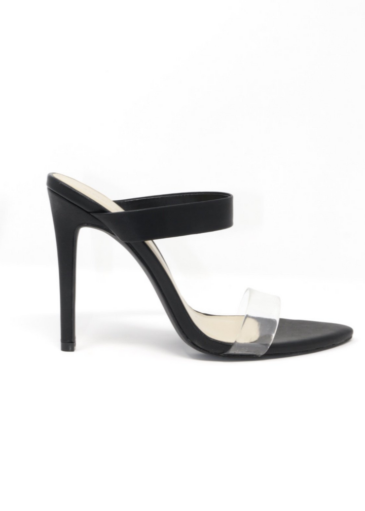 Audrey slip on heels in black. with clear strap across the toes